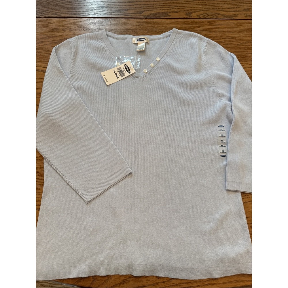 NWT Old Navy women's 3/4 sleeve 3-button v-neck sweater 100% Cotton Lt Blue XL